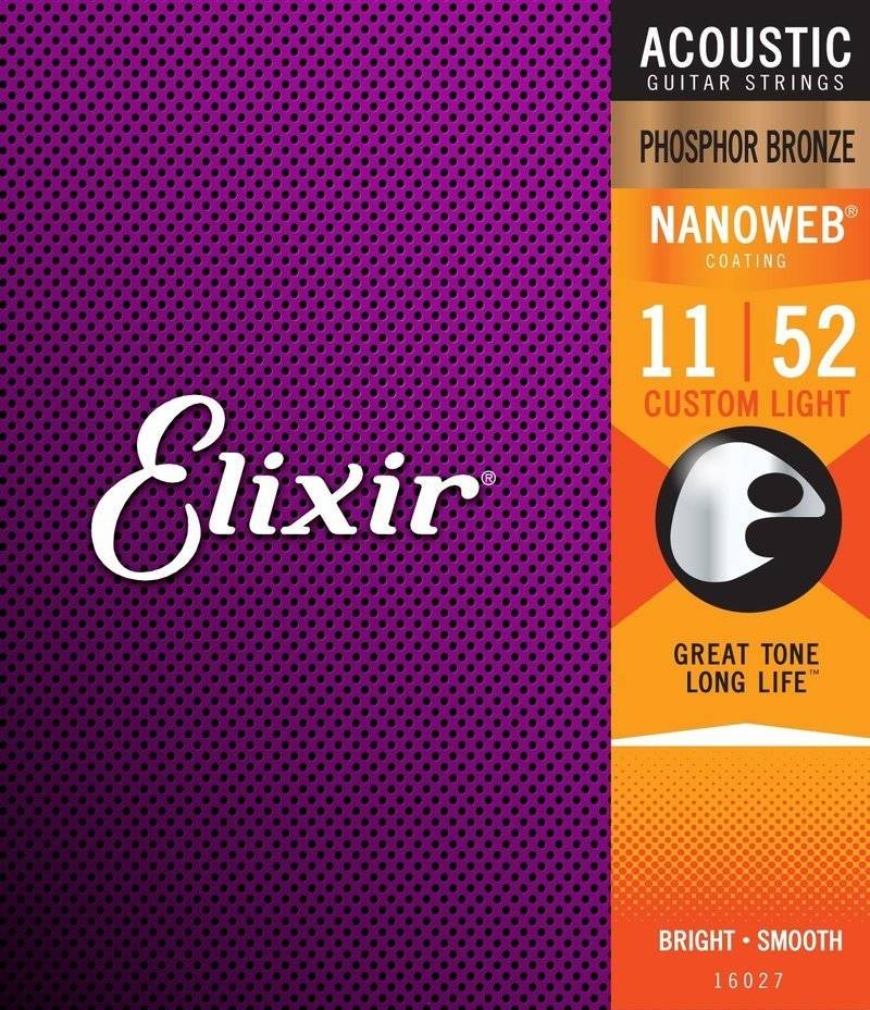 Elixir 16027 NanoWeb Phosphor Bronze Custom Light 11-52 - Struny do gitary akustycznej