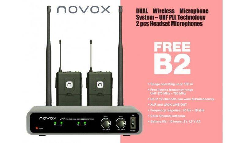 Novox Free B2 - Zestaw bezprzewodowy z 2 mikrofonami nagłownymi